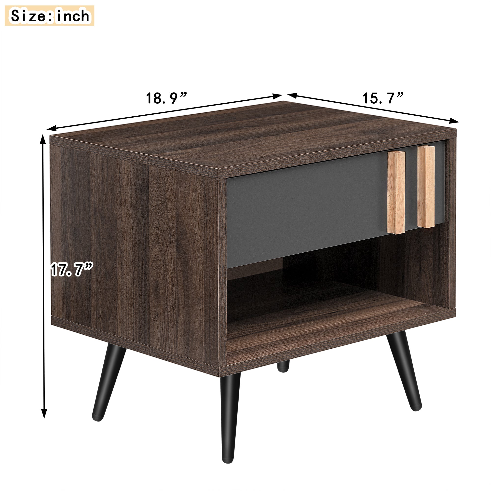 Wooden Nightstand  End Table for Bedroom - Gray+Walnut