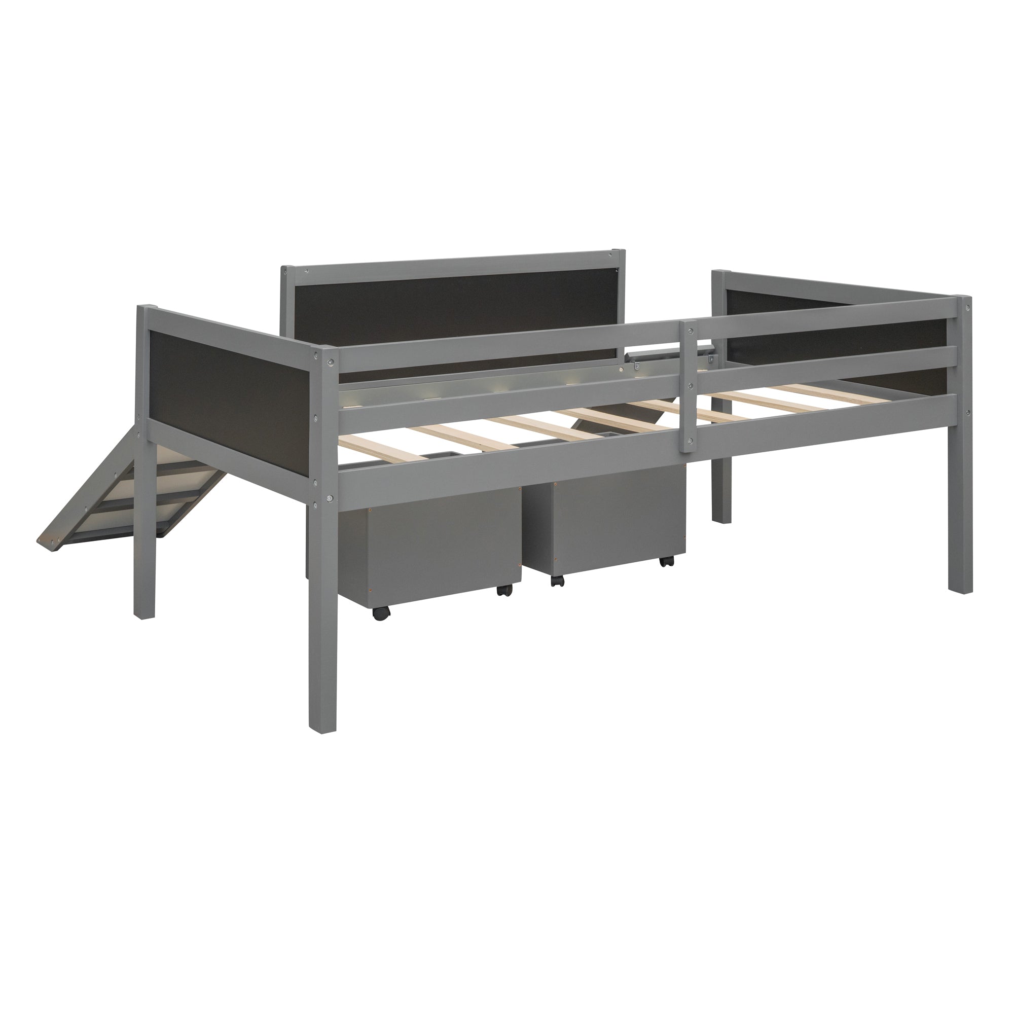 Twin size Loft Wood Bed with Two Storage Boxes - Gray