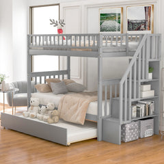 Twin over Twin Bunk Bed with Trundle and Storage -  Gray
