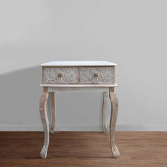 Farmhouse Style 2 Drawer Mango Wood Console Table with Floral Carved Front - Brown and White