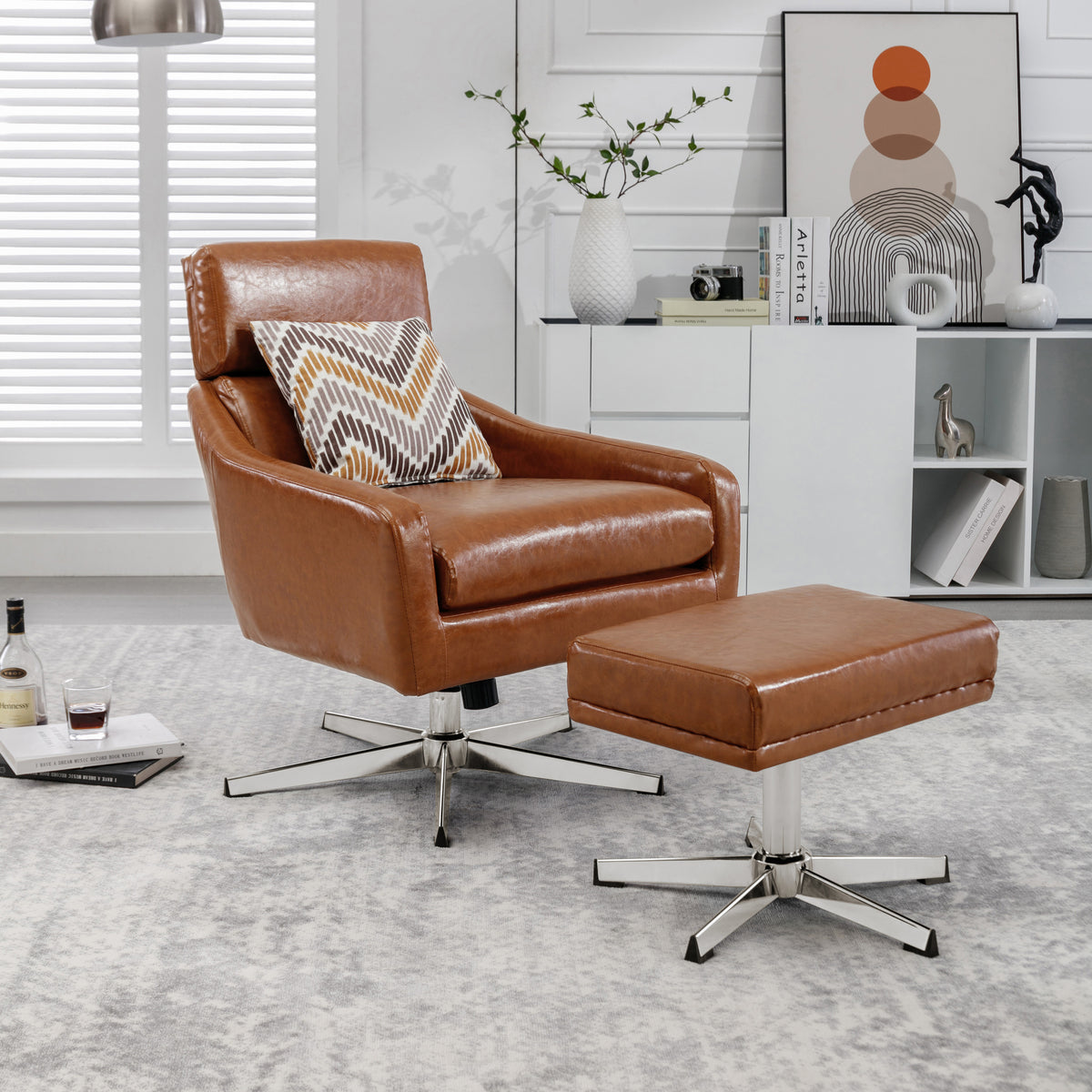 PU Leather Swivel Armchair with Ottoman - Brown