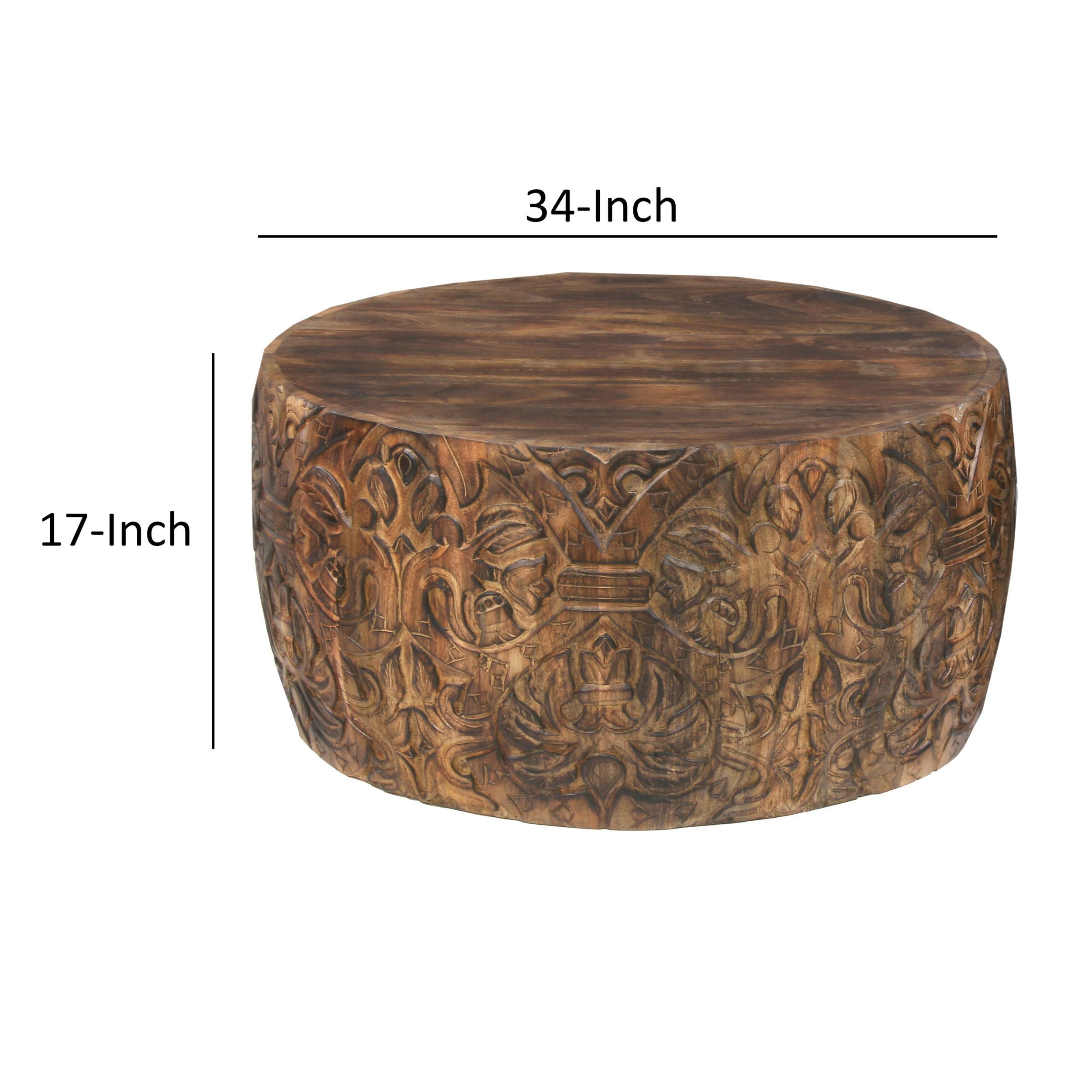 Handcrafted Mango Wood Coffee Table Round Drum Shape - Walnut Brown