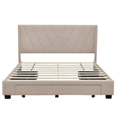 Queen Size Storage Bed Linen Upholstered Platform Bed with 3 Drawers (Beige)