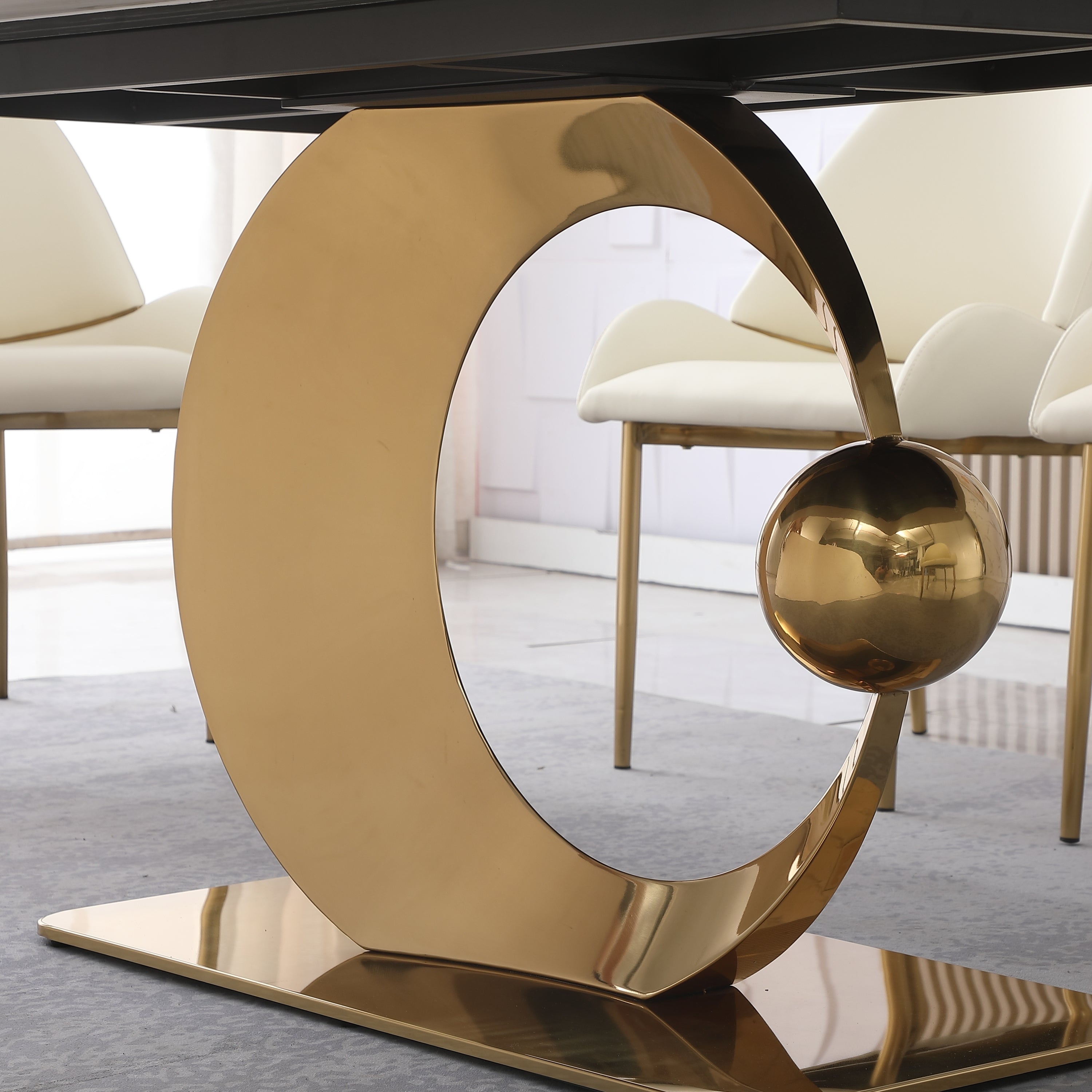 Stone Dining Table with Carrara White color and Round special shape stainless steel Gold Pedestal Base