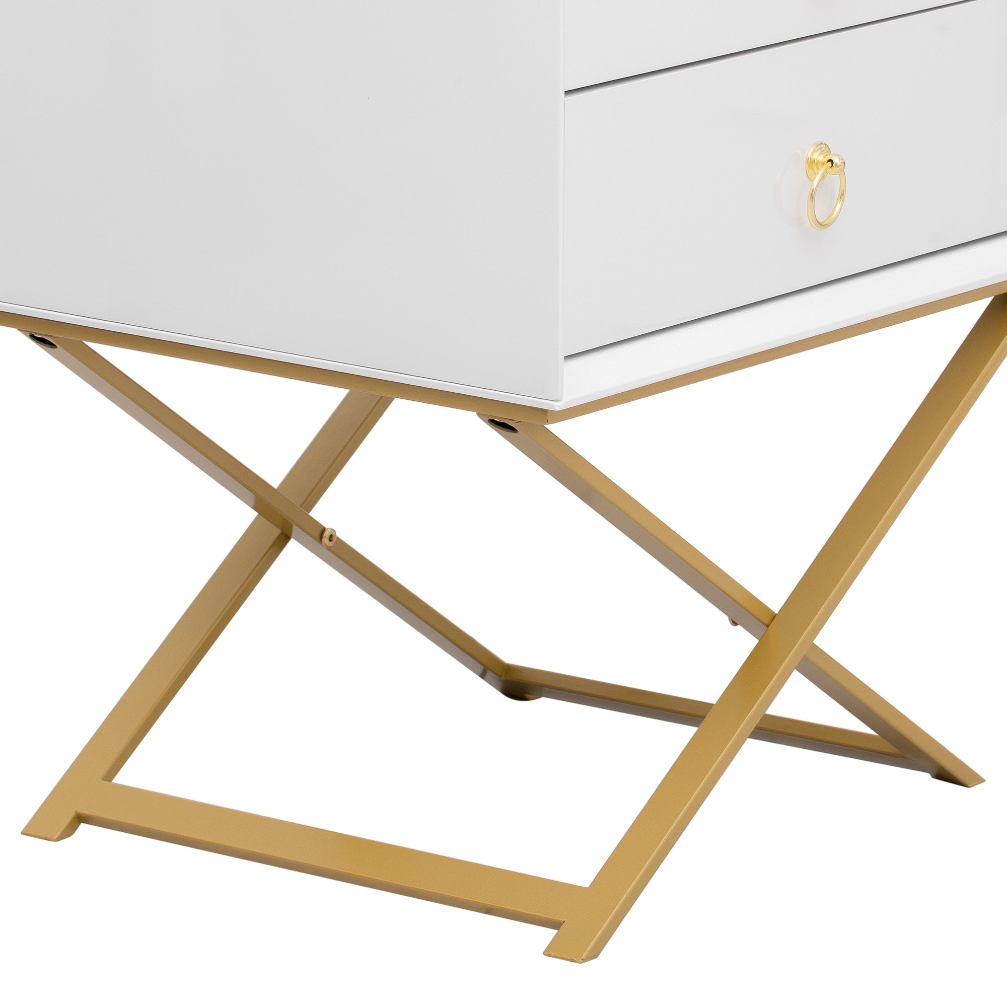Nightstand with 2 Drawers & Golden Handle，Storage Bedside Table - White