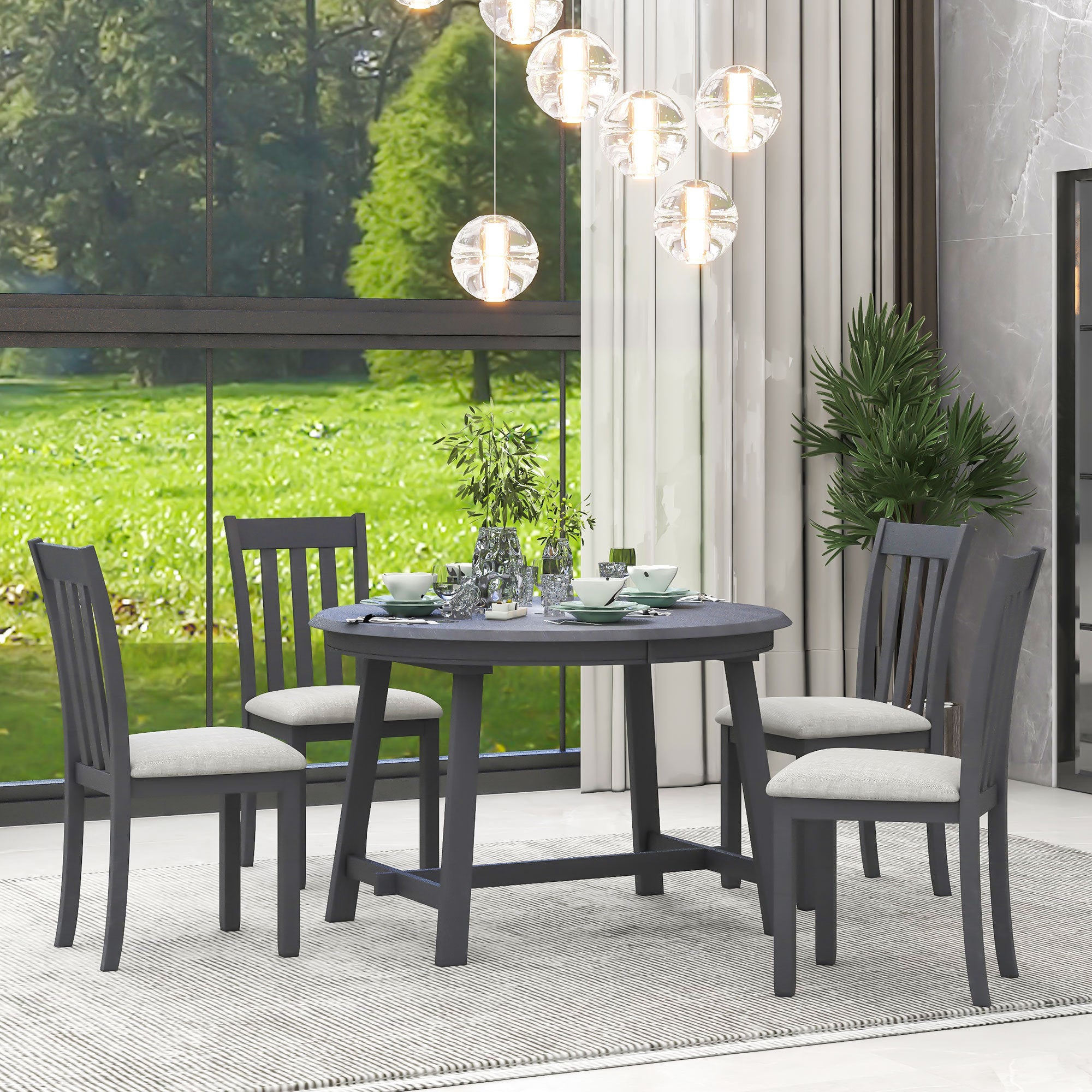 5-Piece Wood Dining Set Round Extendable Table with 4 Dining Chairs - Gray