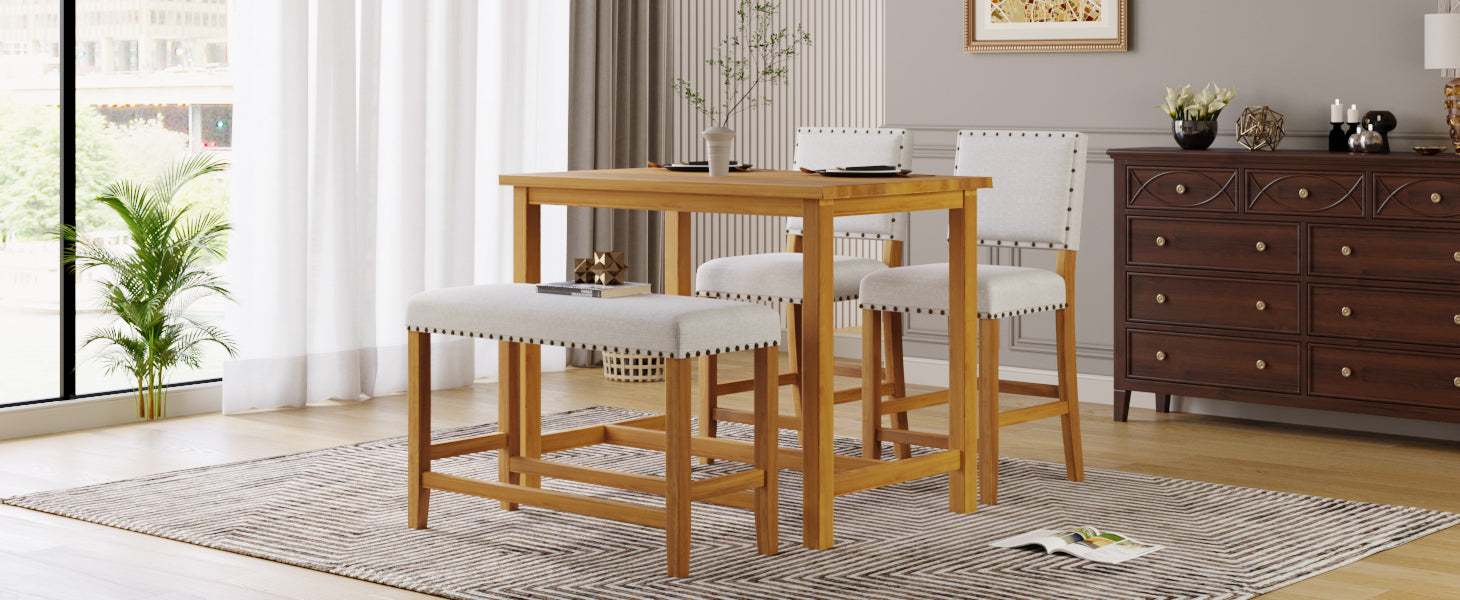 4 Piece Rustic Wooden Counter Height Dining Table Set with Upholstered Bench - Natural+Beige