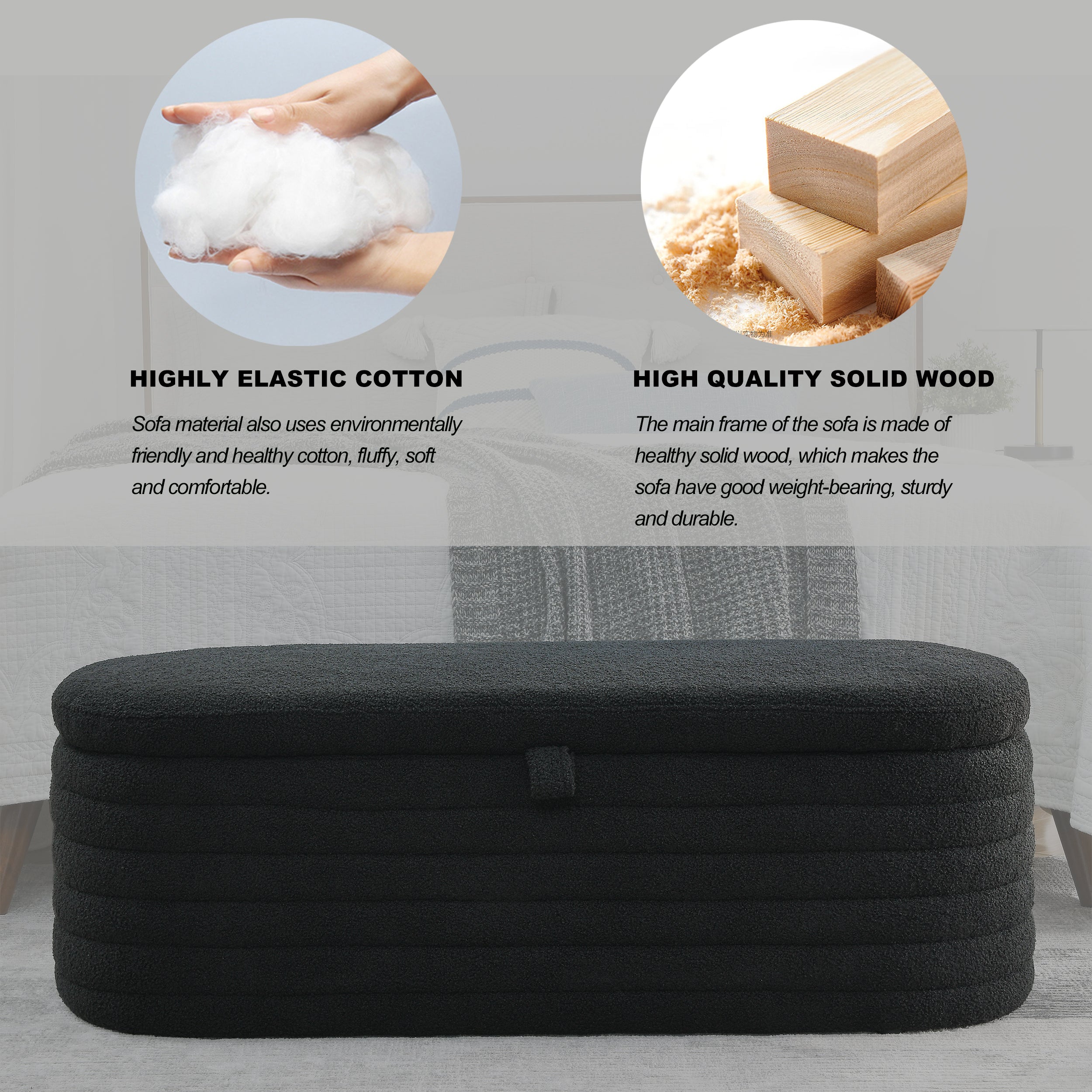 Storage Ottoman Bench Upholstered Fabric Storage - Black teddy