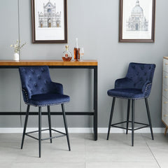 Modern Bar Chair with Armrests and Footrests (Set of 2) - Dark Blue