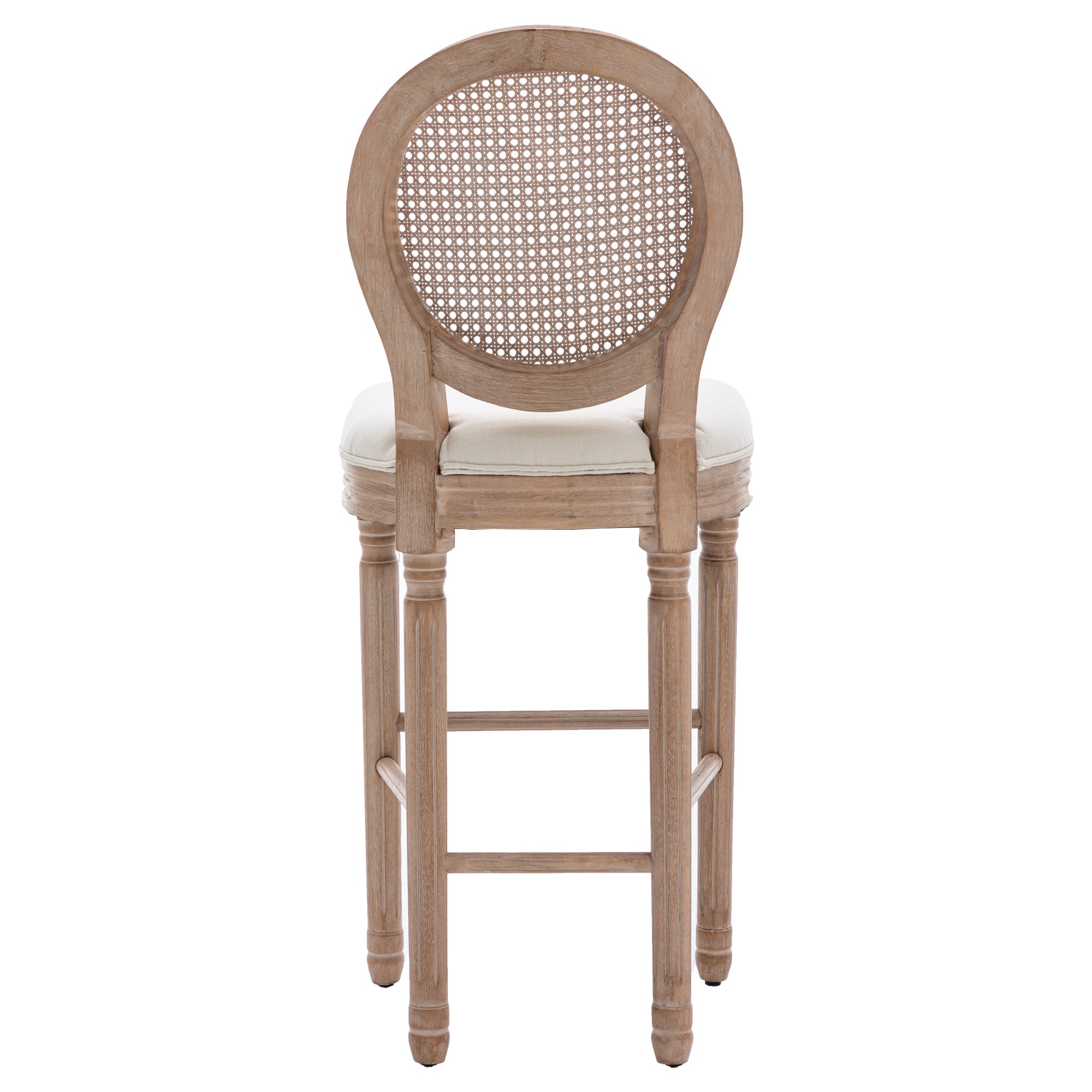 French Country Wooden Barstools Rattan Back With Upholstered Seating (Set of 2) - Beige and Natural