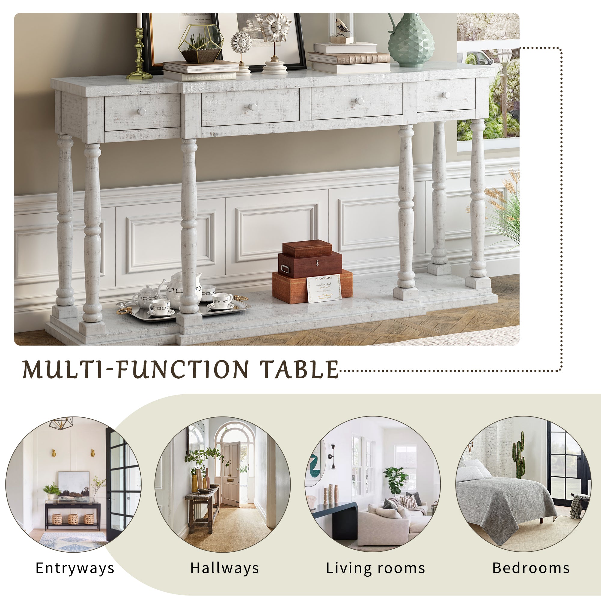 Retro Console Table for Hallway with 4 Front Facing Storage Drawers and 1 Shelf - Antique White