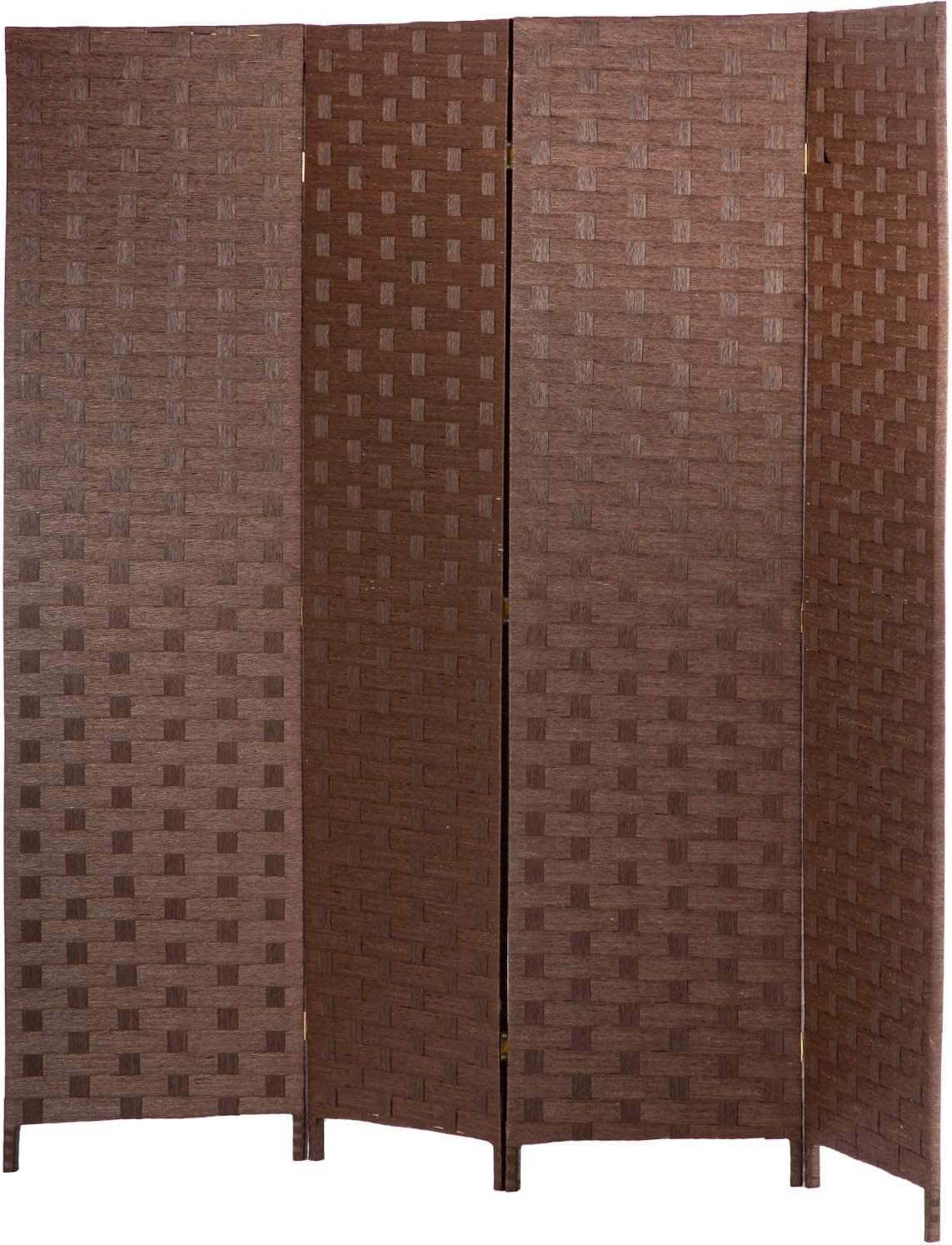 Wall Divider Wood Screen 4 Panels Wood Mesh Hand-Woven Design 6ft - Brown