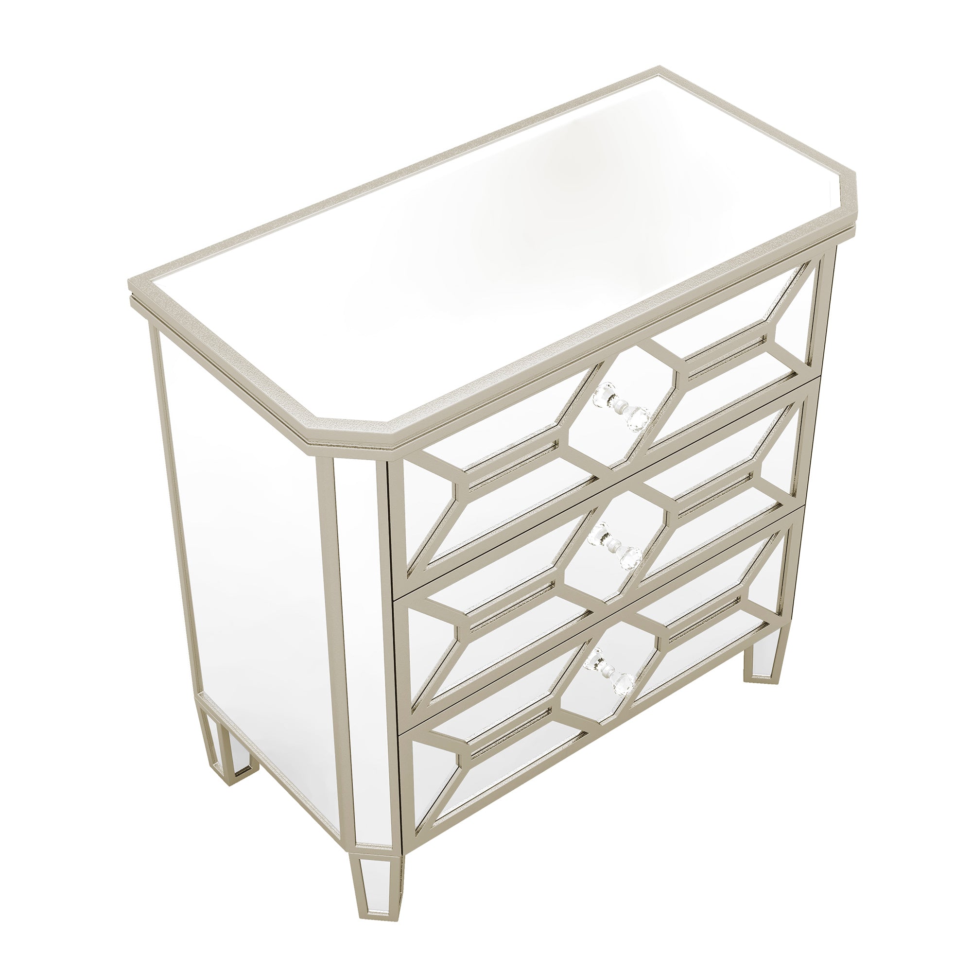 Elegant Mirrored 3-Drawer Chest with Golden Lines Storage Cabinet