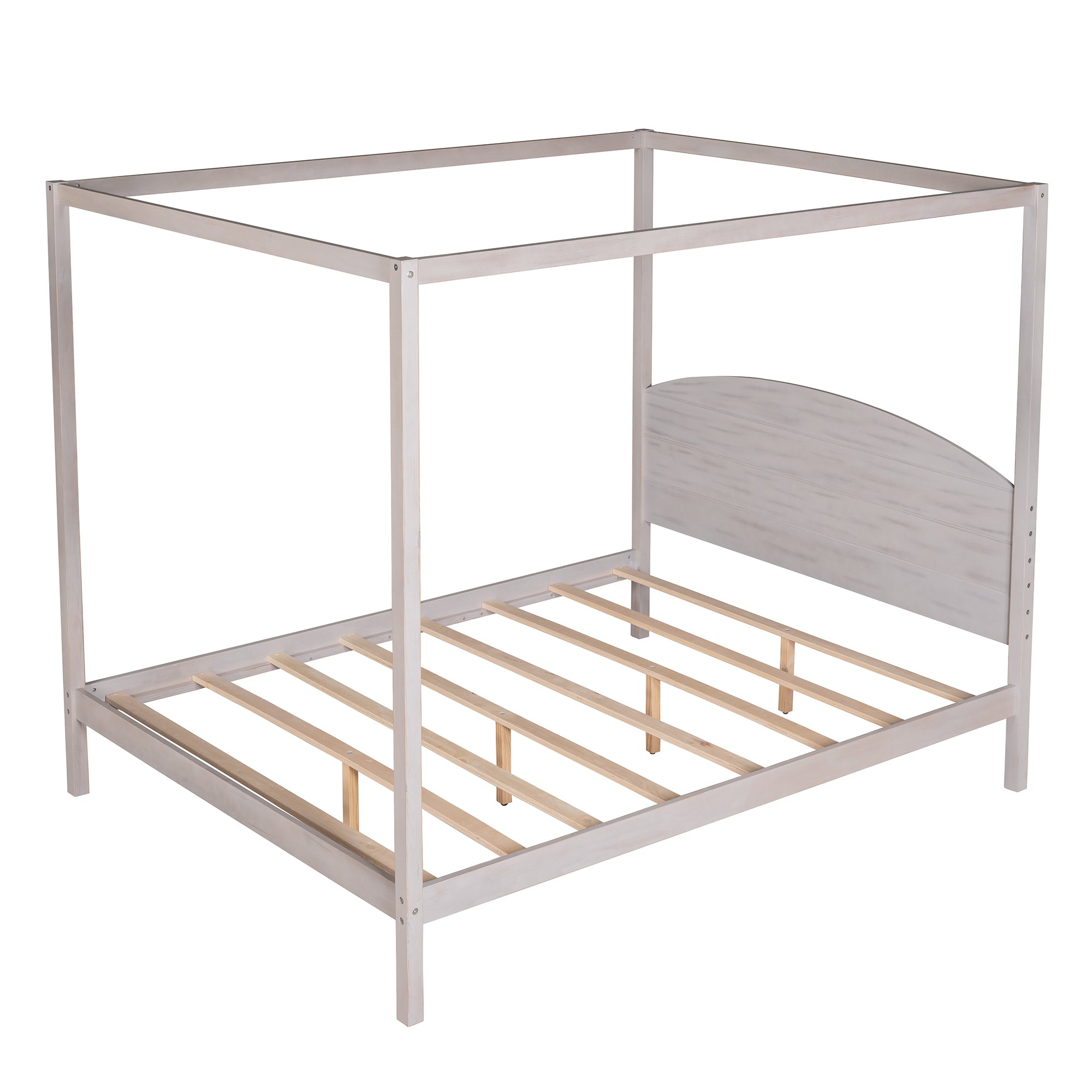 Queen Size Canopy Platform Bed with Headboard and Support Legs - Grey Wash