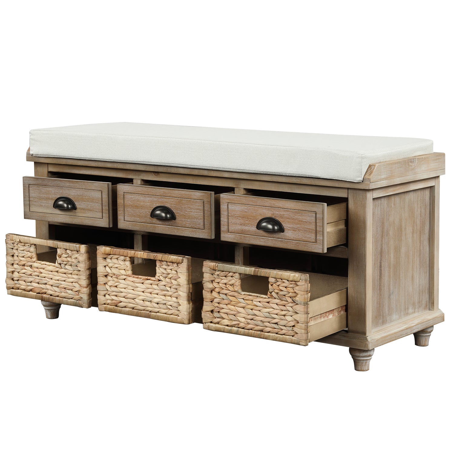 Rustic Storage Bench with 3 Drawers and 3 Rattan Baskets- White Washed