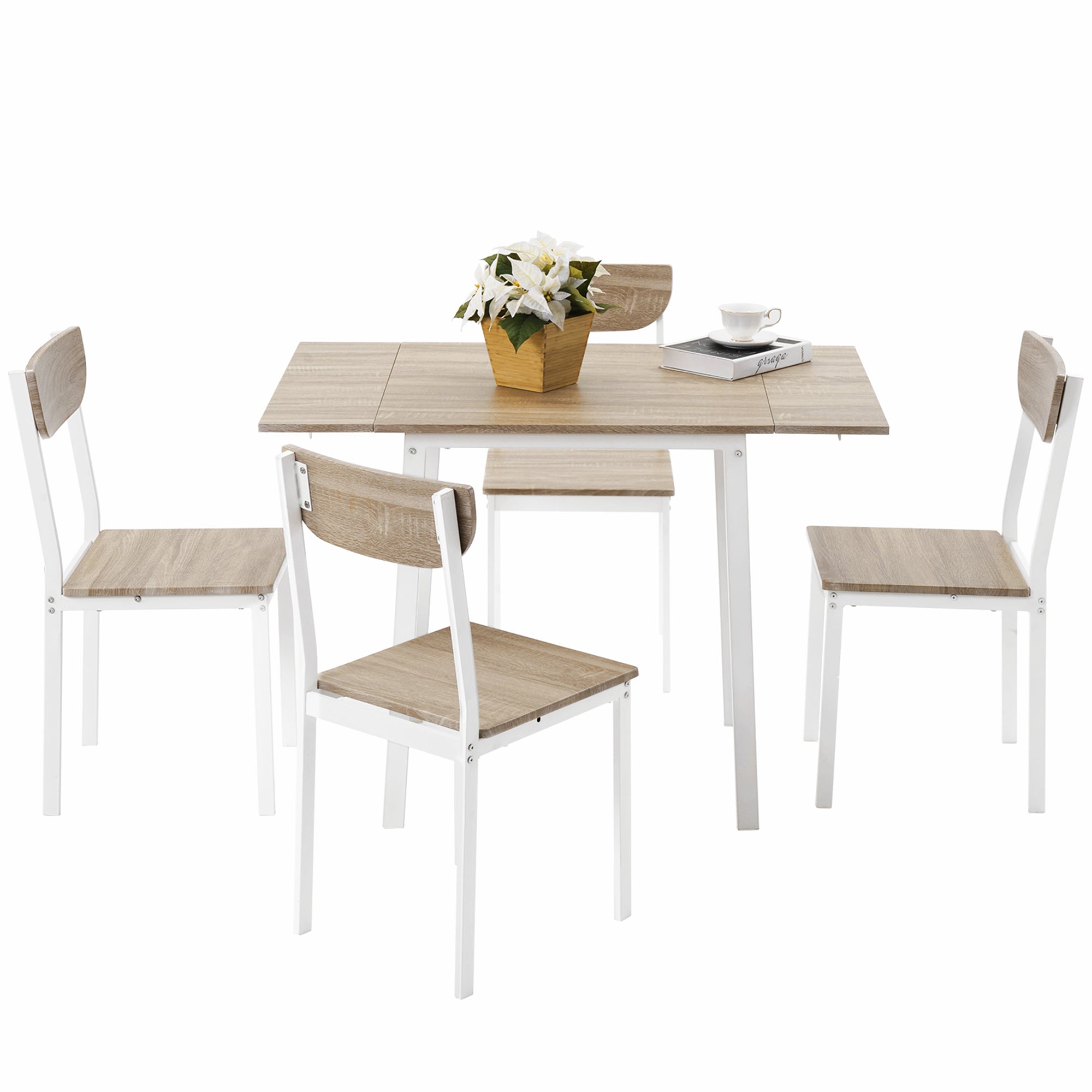 5-piece Modern Metal Dining Set with 1 Leaf Dining Table and 4 chairs - Oak Finish