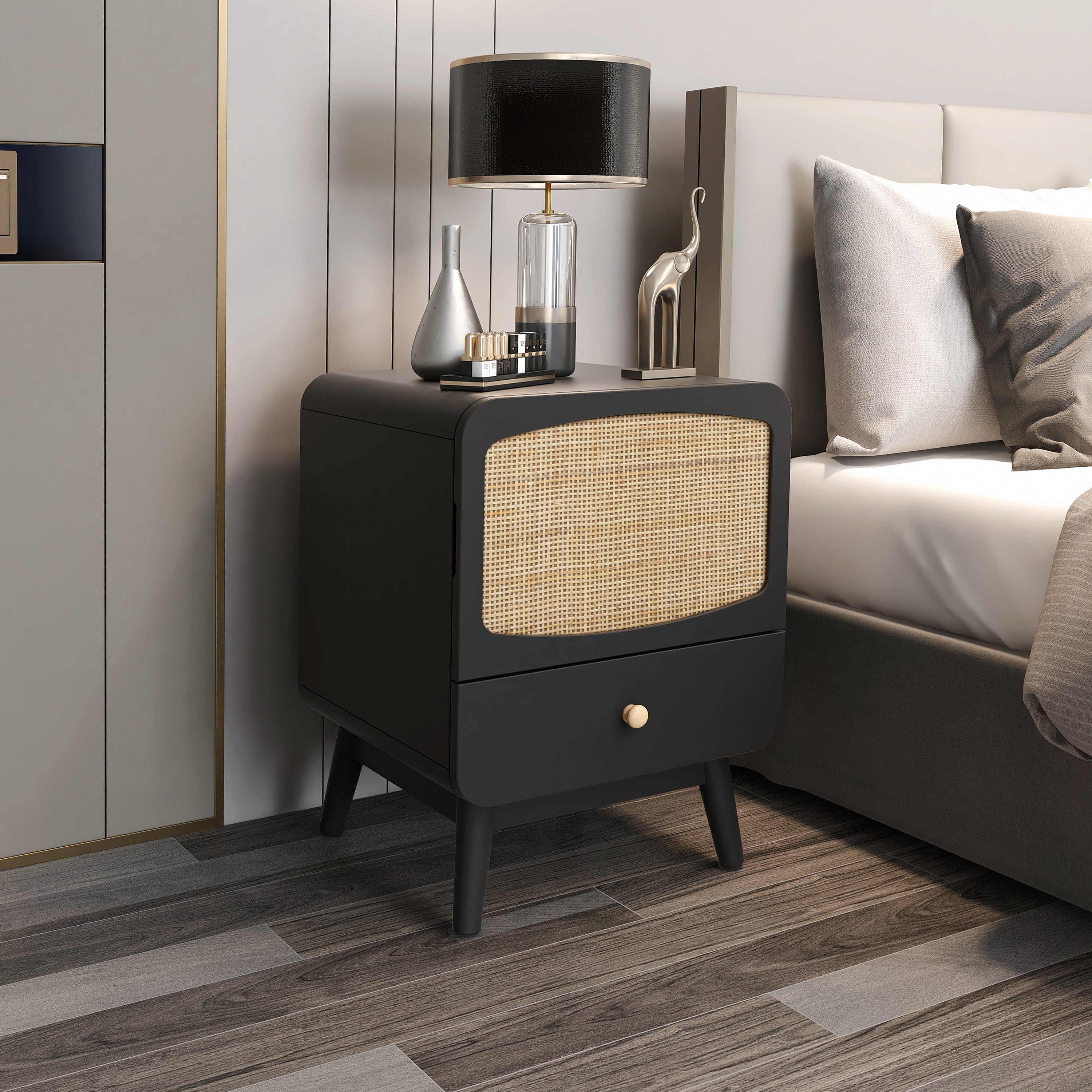 ILO Black Nightstand with Storage Drawer/ Rattan Door