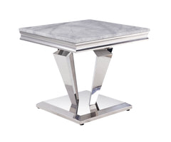 Satinka End Table, Light Gray Printed Faux Marble & Mirrored Silver Finish