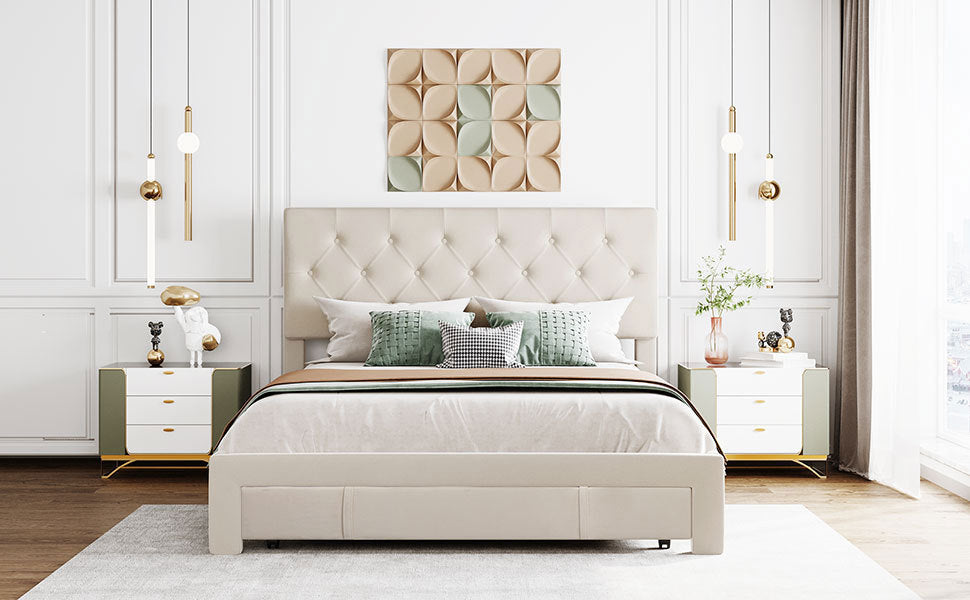 Queen Size Storage Bed Velvet Upholstered Platformwith a Big Drawer - Beige