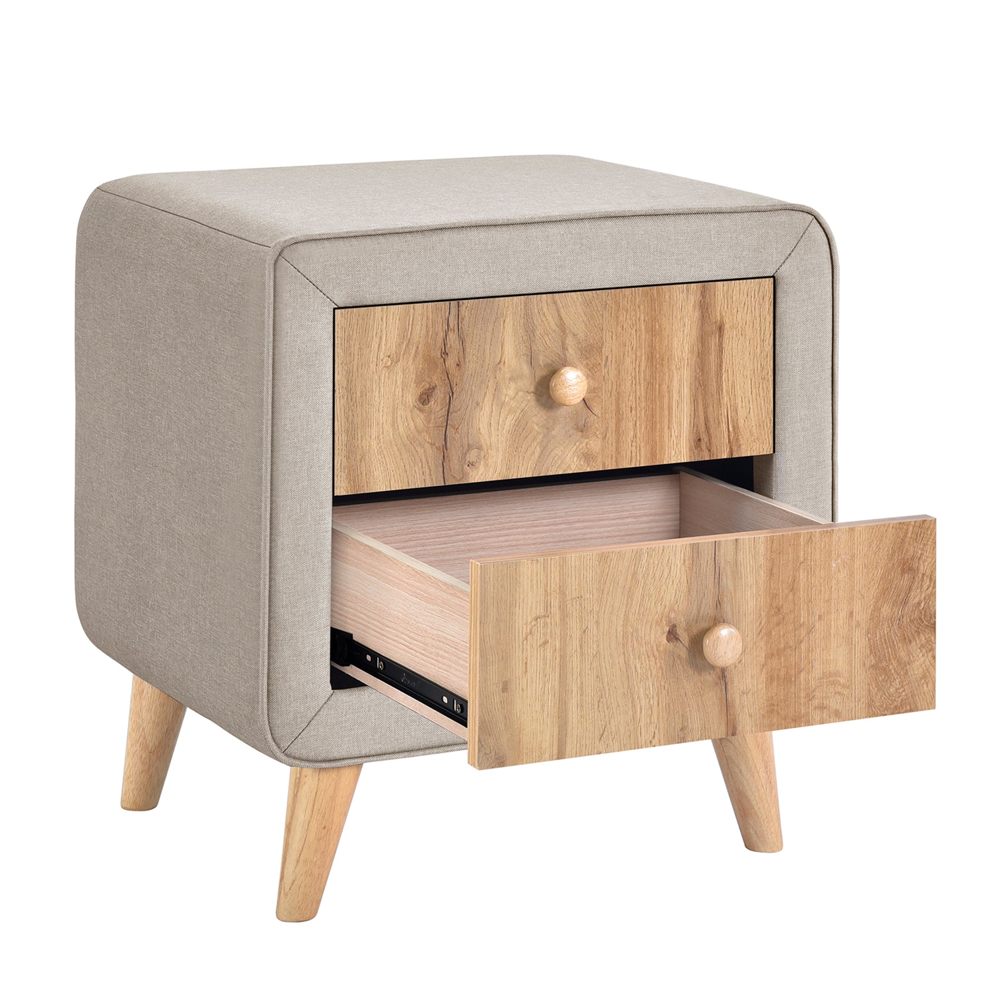 Upholstered Wooden Nightstand with 2 Drawers - Beige