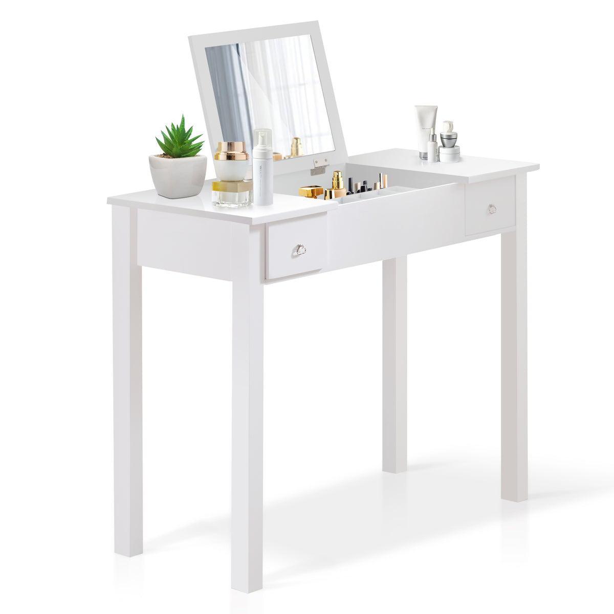 Accent White Vanity Table with Flip-Top Mirror and 2 Drawers