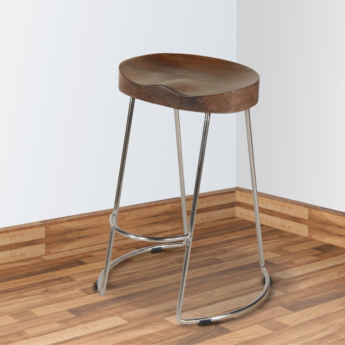 Farmhouse Counter Height Barstool with Wooden Saddle Seat - Brown and Silver