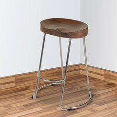 Farmhouse Counter Height Barstool with Wooden Saddle Seat - Brown and Silver