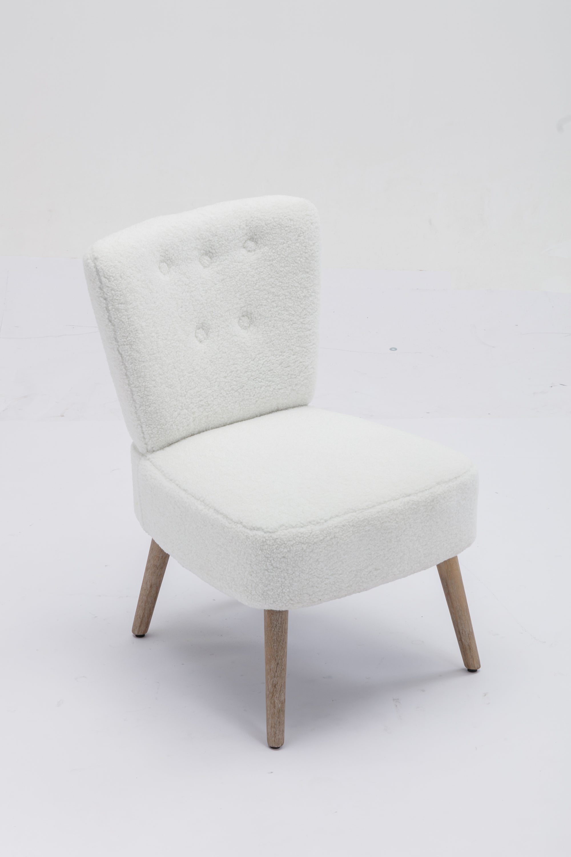 Teddy Fabric Button Accent Slipper Chair With Wooden Legs - White