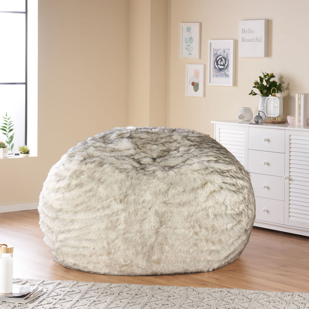 Modern Glam 5 Foot Short Faux Fur Bean Bag - White and Grey