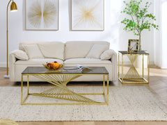 Modern Rectangular Coffee Accent Table with Clear Tempered Glass Top and Stainless Steel Frame - Gold