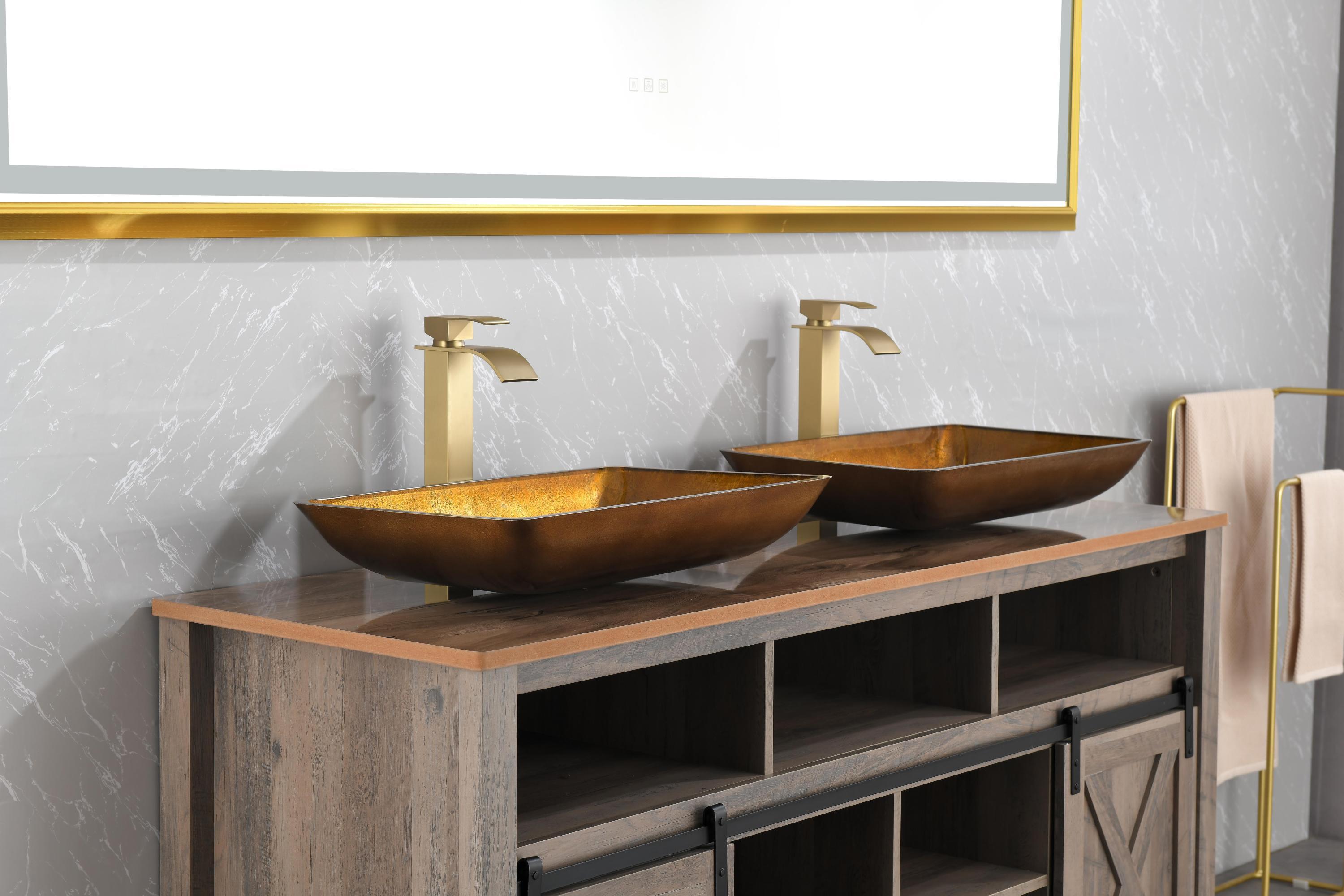 22.25" L -14.25" W -4 1/2" H Glass Rectangular Vessel Bathroom Sink Set with Gold Faucet and Gold Pop Up Drain