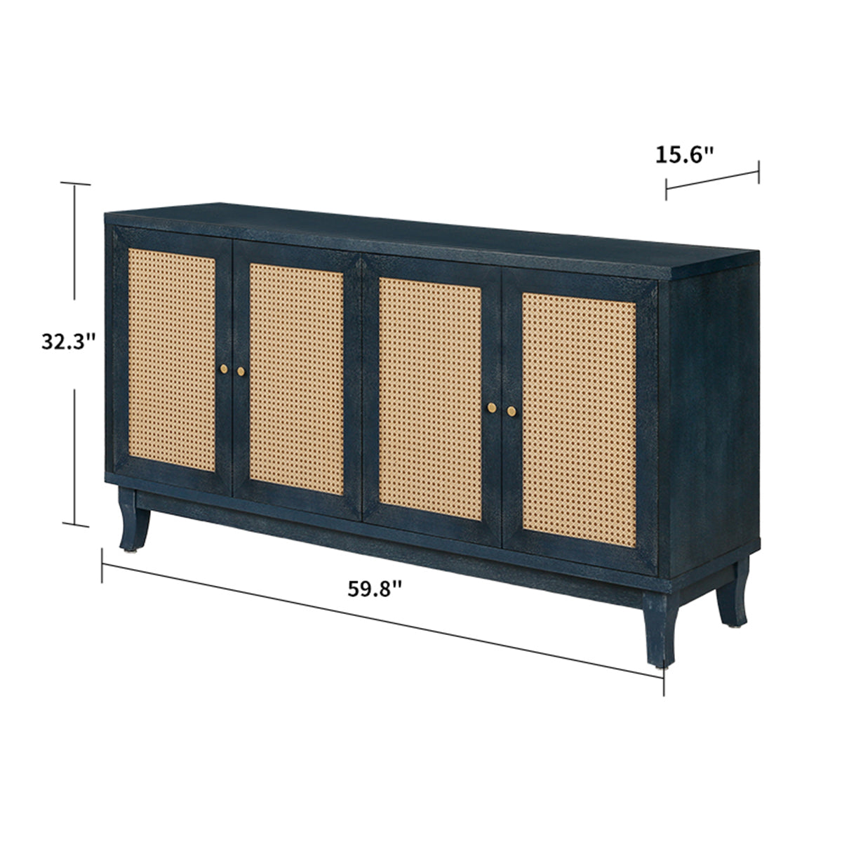 Softly Lacquer Finishes Accent Storage Cabinet Sideboard Wooden Cabinet with Antique Deep Blue 4Doors