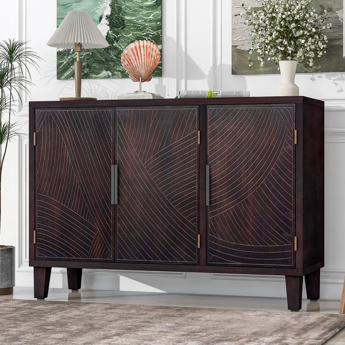 Cabinet Sideboard Wooden with Antique Pattern Doors - Antique Espresso