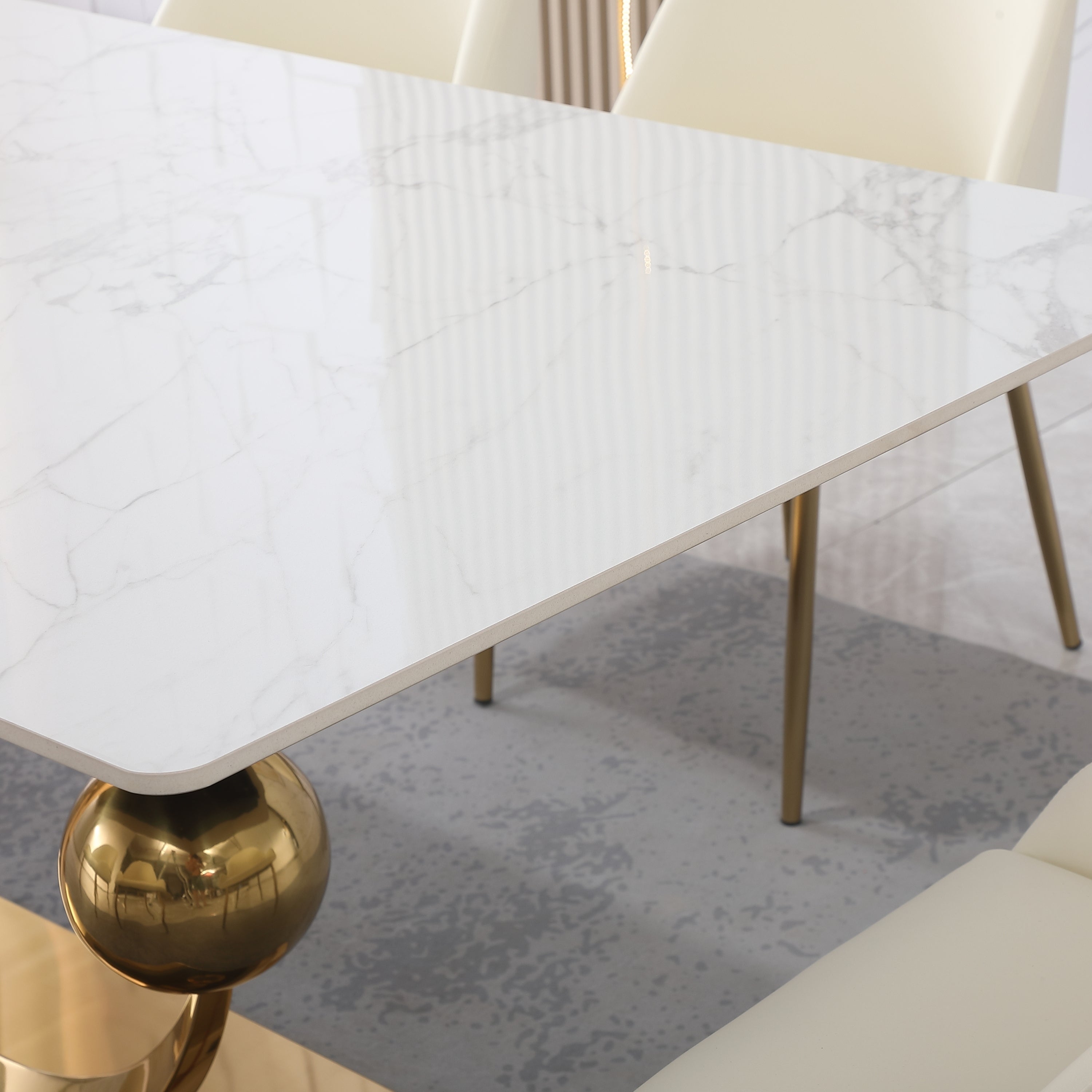 Stone Dining Table with Carrara White color and Round special shape stainless steel Gold Pedestal Base
