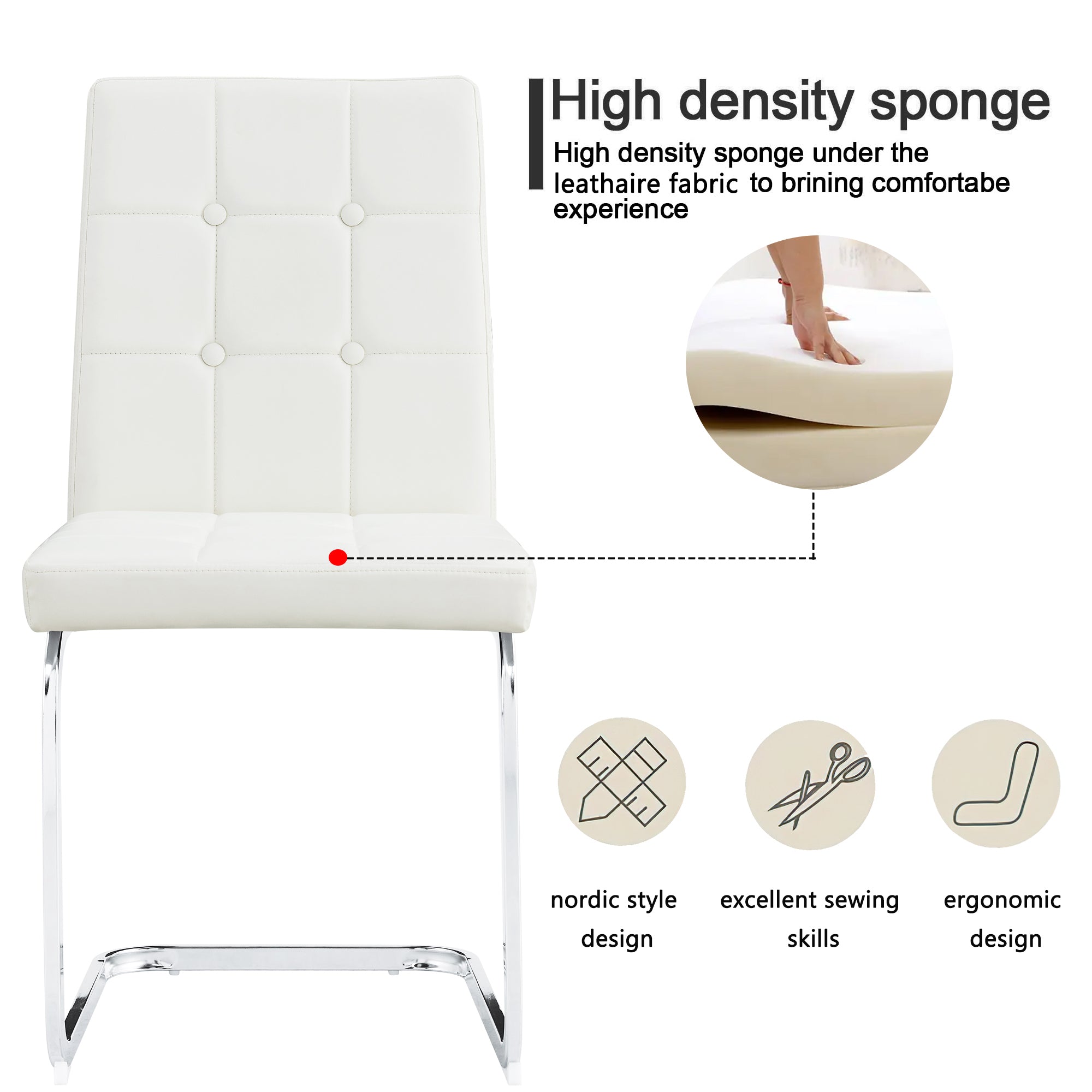 Modern Style Dining Chairs with Inset Buttons, C-shaped Tube Plating Metal Legs (Set of 2) - White