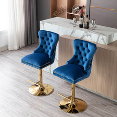 Modern Swivel Bar Stools Chair Adjustable (Set of 2) - Chrome Golden Base/ Blue