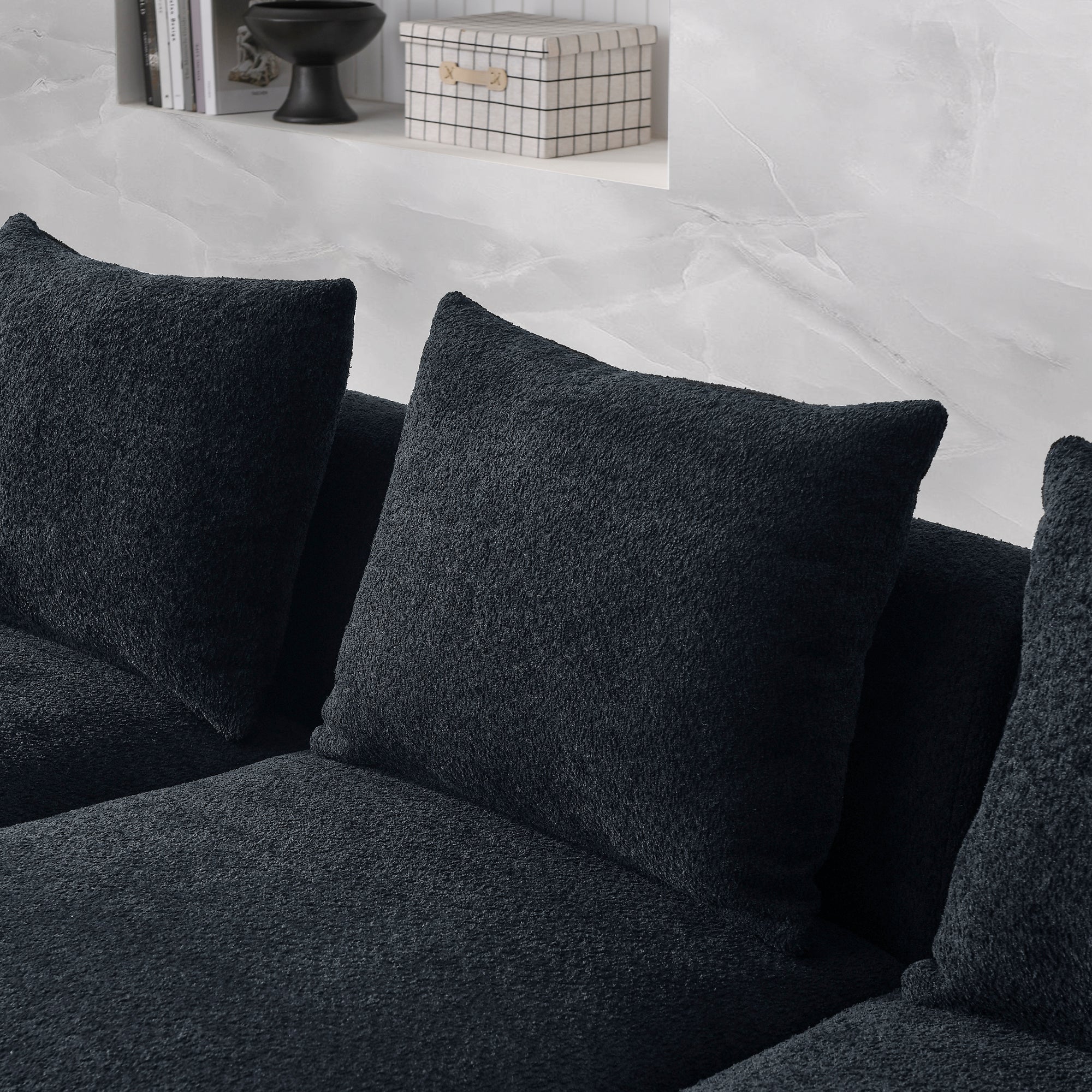 L Shape Sectional Sofa including Two Single Seats, Left Side Chaise and Two Ottomans - Black