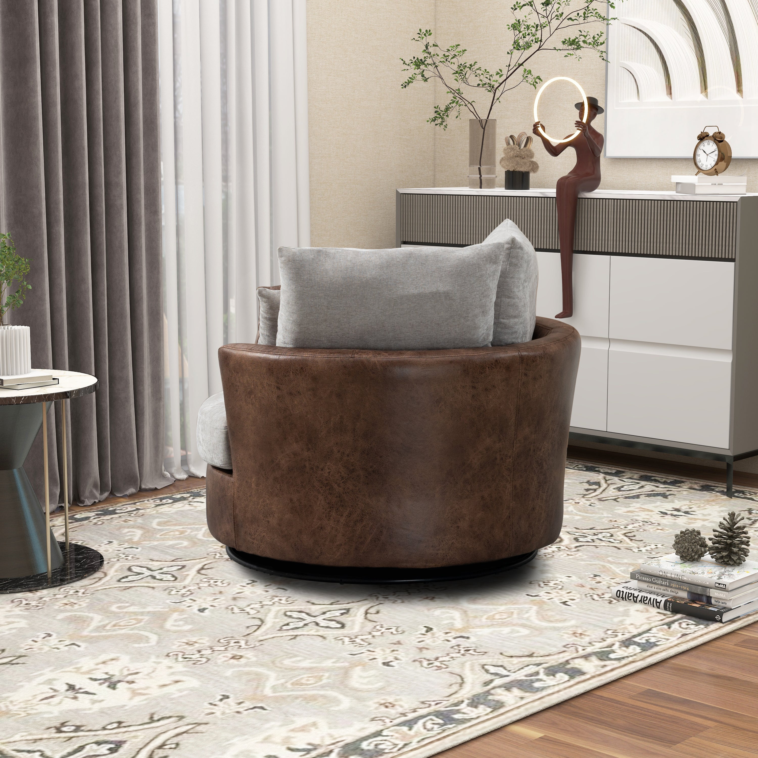Accent Barrel Chair and Sofa With 4 Pillows 360 Degree Swivel Round Sofa- Light Gray