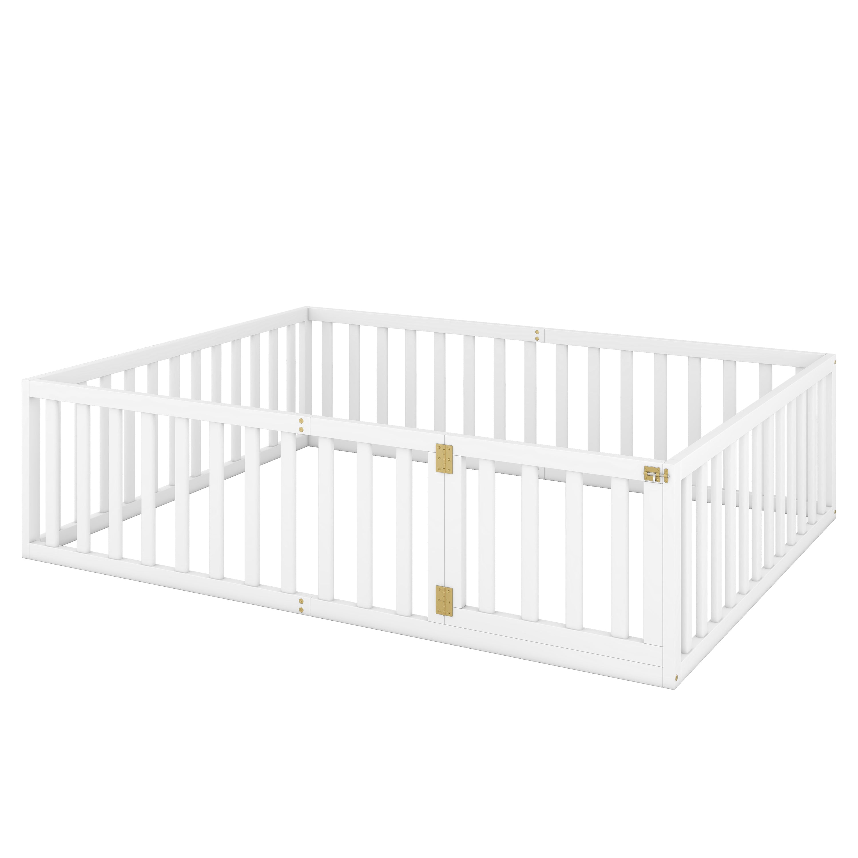 Queen Size Wood Floor Bed Frame with Fence and Door - White