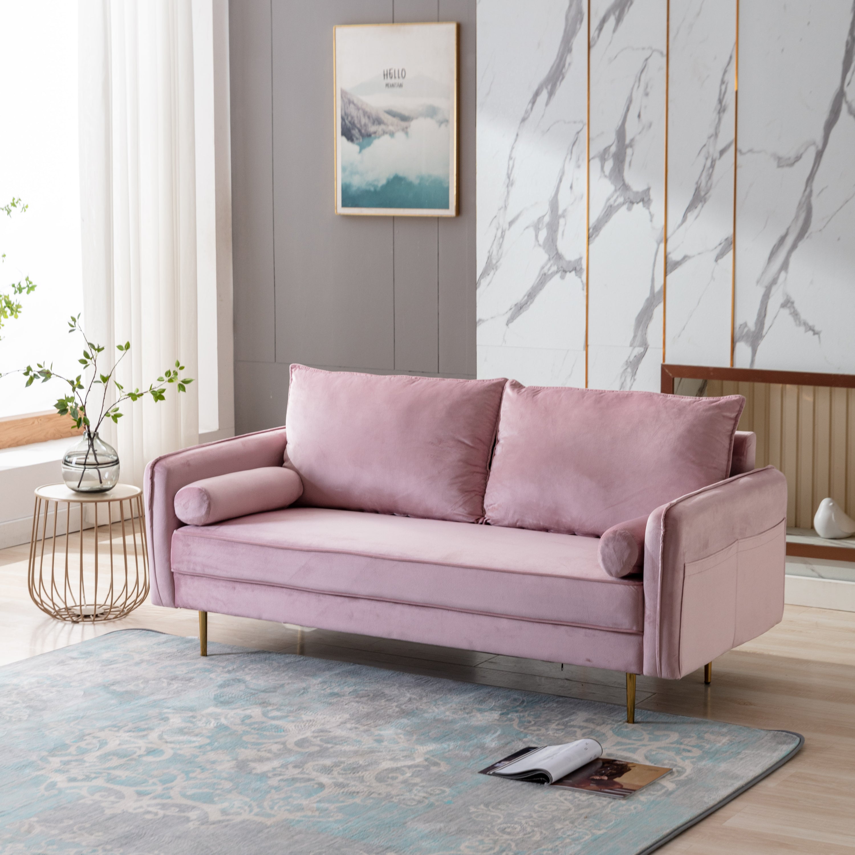 Modern Living Room Velvet Fabric Sofa Couch, Loveseat Sofa with Pocket - Pink