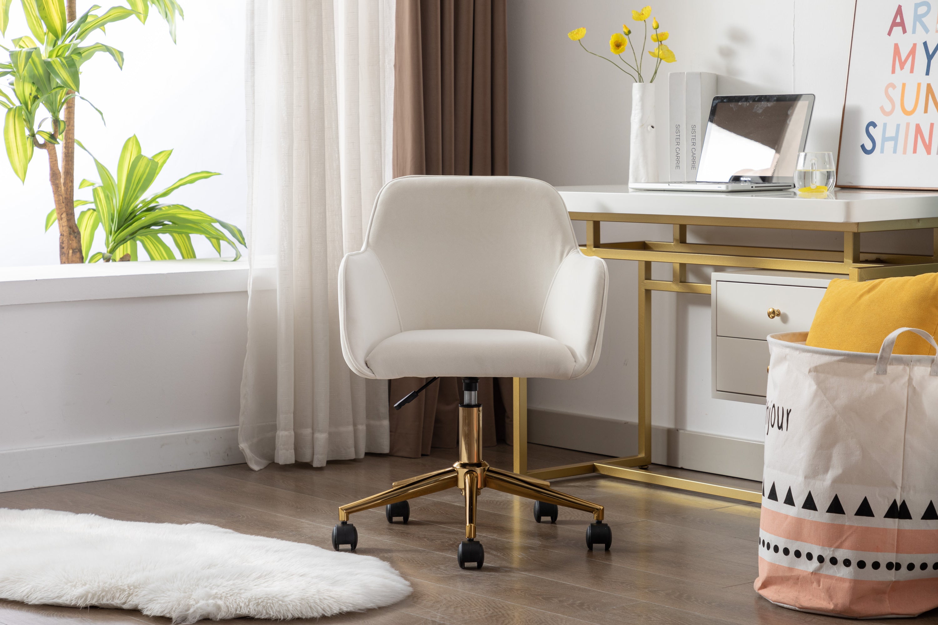 Modern Velvet Adjustable Height 360 revolving Home Office Chair with Gold Metal Legs - Ivory White