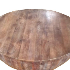 Handcarved Drum Shape Round Top Mango Wood Distressed Wooden Coffee Table - Brown