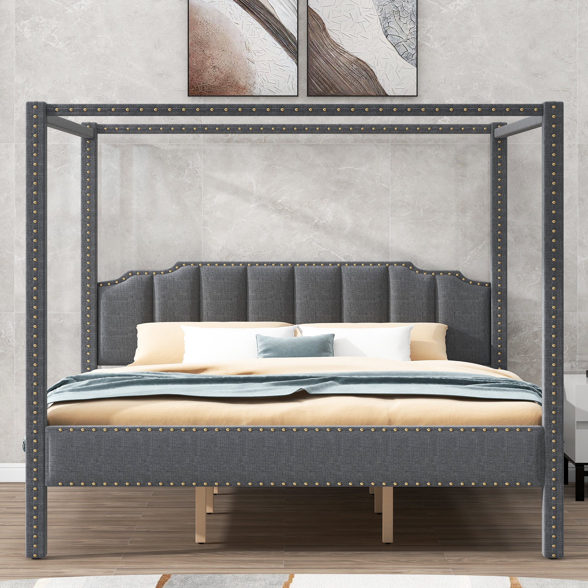 King Size Upholstery Canopy Platform Bed with Headboard - Gray
