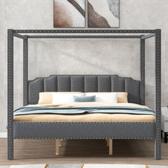King Size Upholstery Canopy Platform Bed with Headboard - Gray