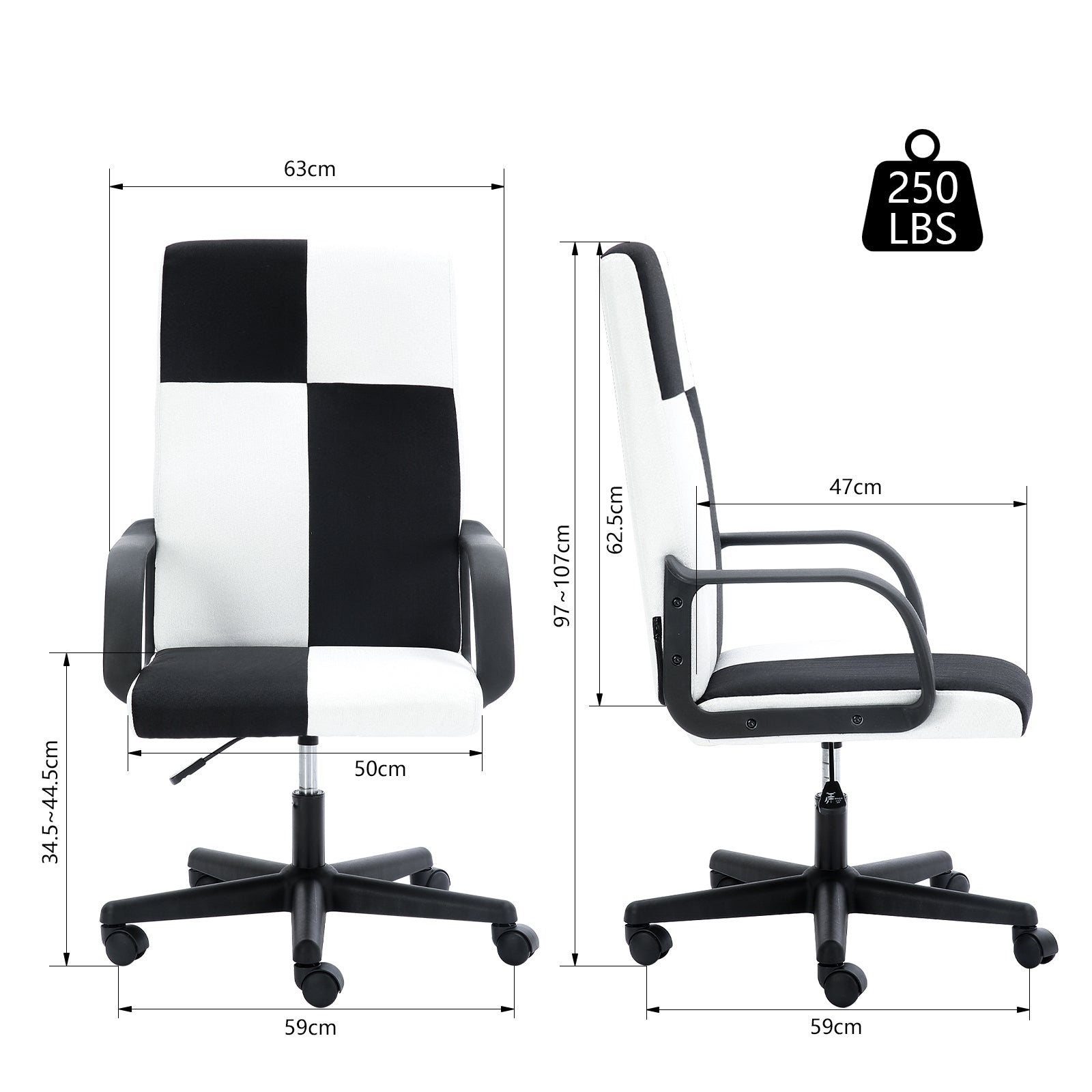 Chessboard office chair with adjustable backrest armrest- Black and White