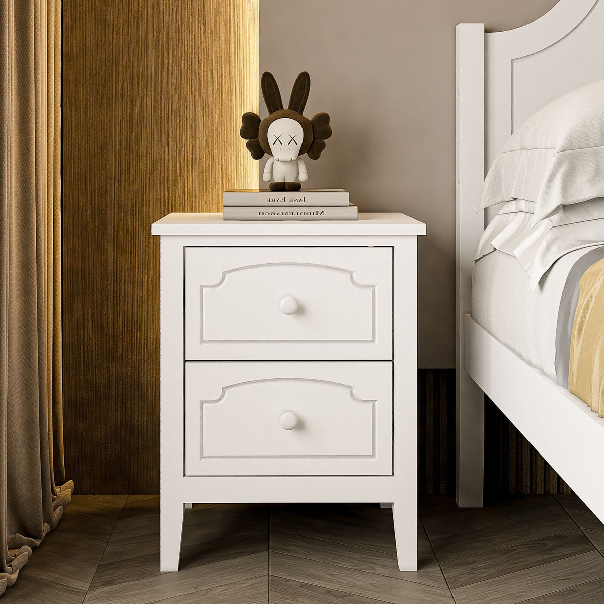 White Contemporary Roman Style, Solid Wood 2 Drawers Nightstand (1 piece)