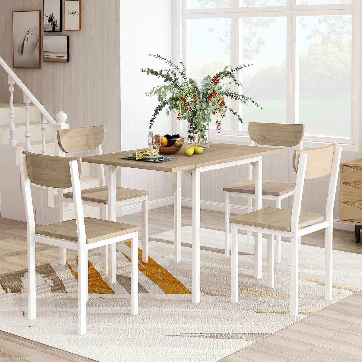 5-piece Modern Metal Dining Set with 1 Leaf Dining Table and 4 chairs - Oak Finish