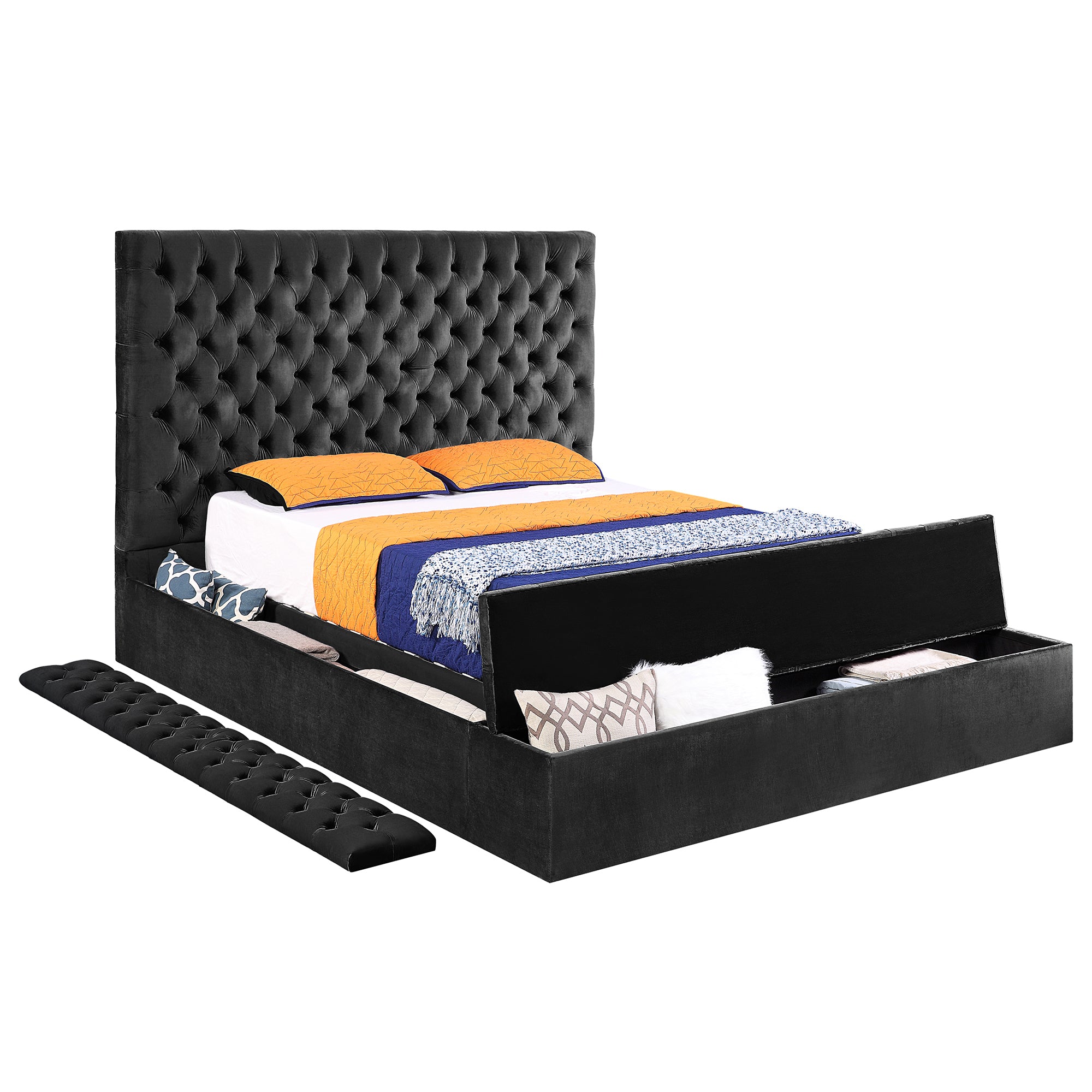 Queen Size with Storage Locker Deep Button Tufting Silver Metal Leg - Black