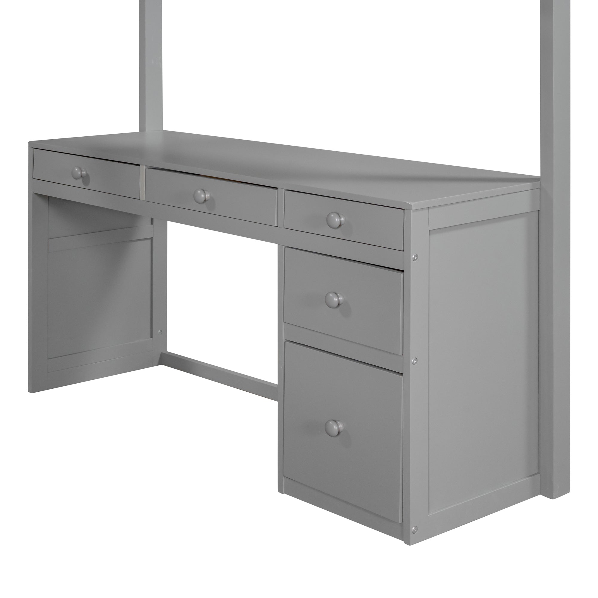 Full Size Loft Bed with Ladder, Shelves and Desk - Gray