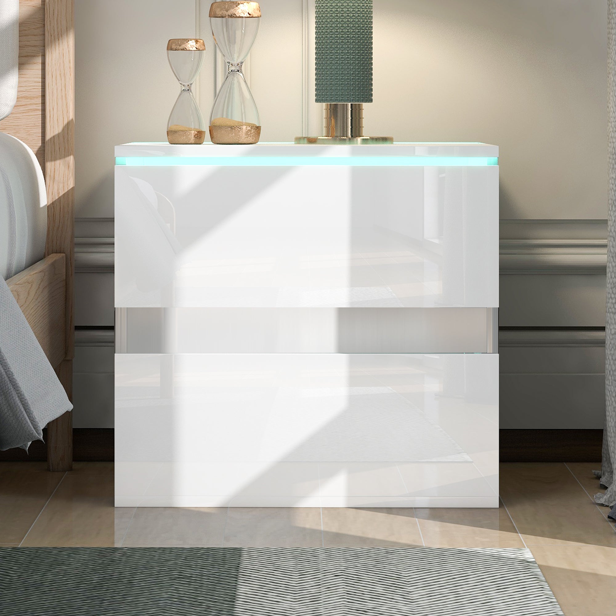Nightstand with 2 Drawers, USB Charging Ports and Remote Control LED Light - White